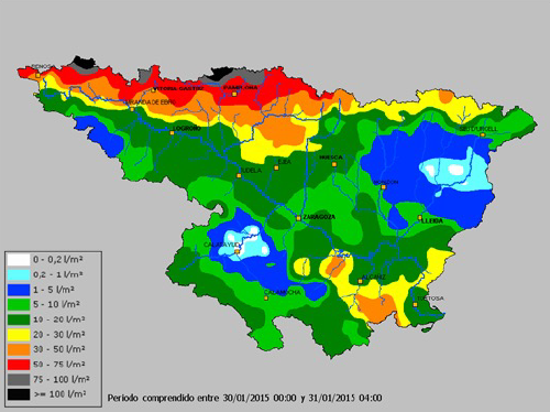 Mapa de precipitación acumulada en la cuenca del Ebro entre el 30 y 31 de enero de 2015