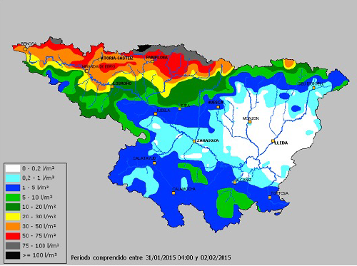 Mapa de precipitación acumulada en la cuenca del Ebro entre el 31 de enero y el 2 de febrero de 2015